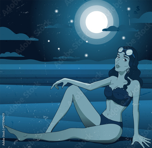 llustration in cartoon style of female in swimsuit in summer beach, night