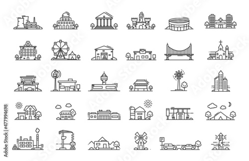 Fototapeta Naklejka Na Ścianę i Meble -  Collection of urban, industrial and rural buildings and structures. Set of 30 lined icons isolated on white background. Vector illustration 