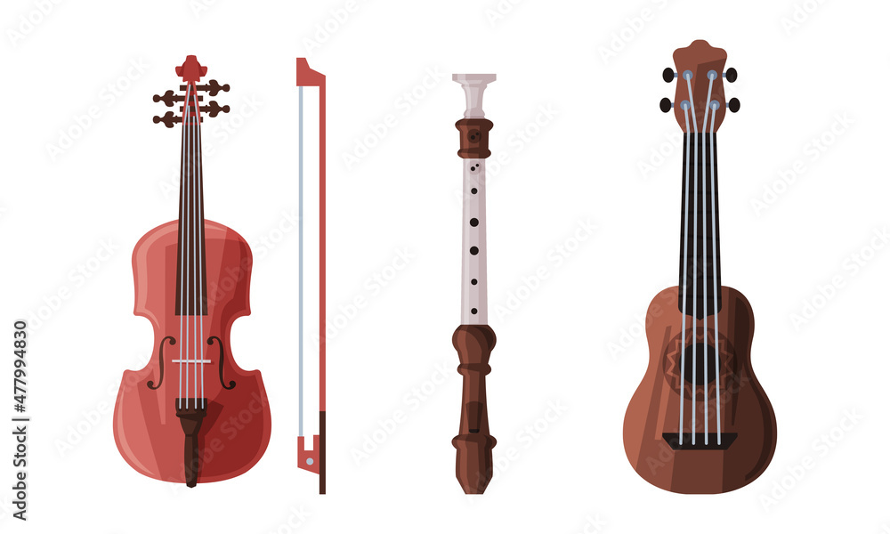 Naklejka premium Ukulele and Violin as String Musical Instrument Vector Set