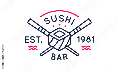 Sushi bar logo, icon. Crossed chopsticks and sushi roll icon designed for sushi bars and restaurants. Vector illustration