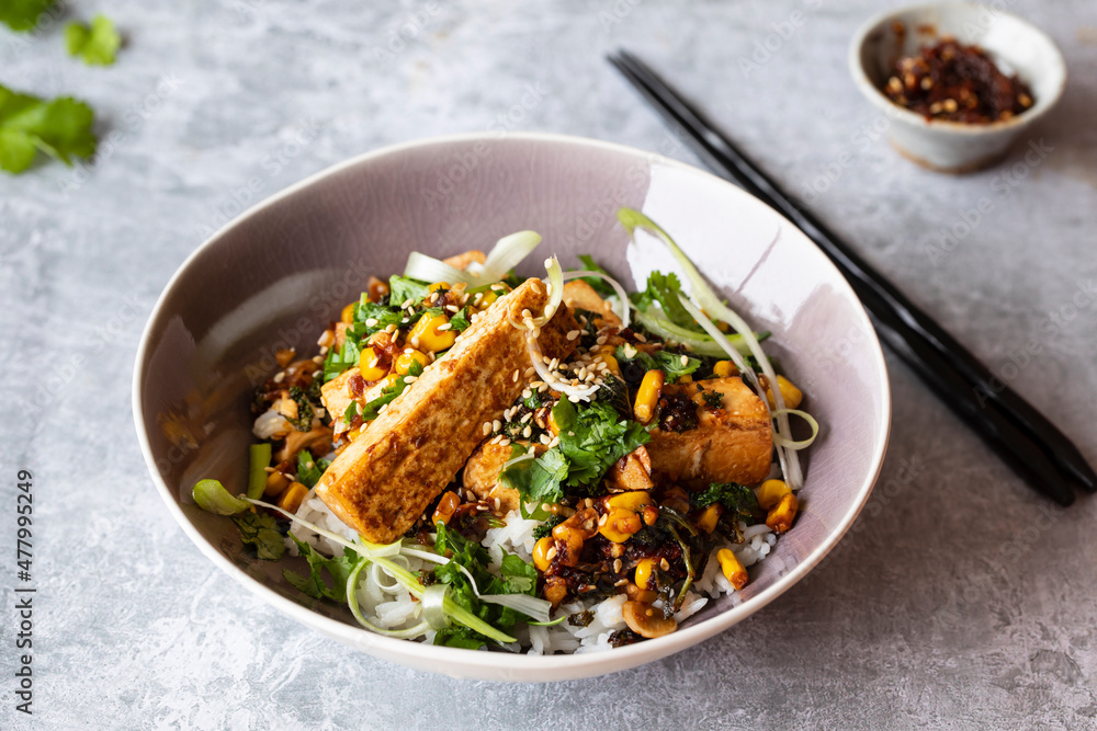 Fried tofu, rice, spicy sweet corn and kale salsa with xo sauce Fried tofu, rice, spicy sweet corn and kale salsa with xo sauce