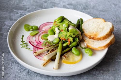 Grilled spring onions with tahini sauce, broad beans salasa and pickled onions photo