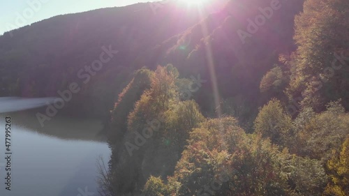 Lake in the mountains from a bird's eye view. Mountain lake in autumn.