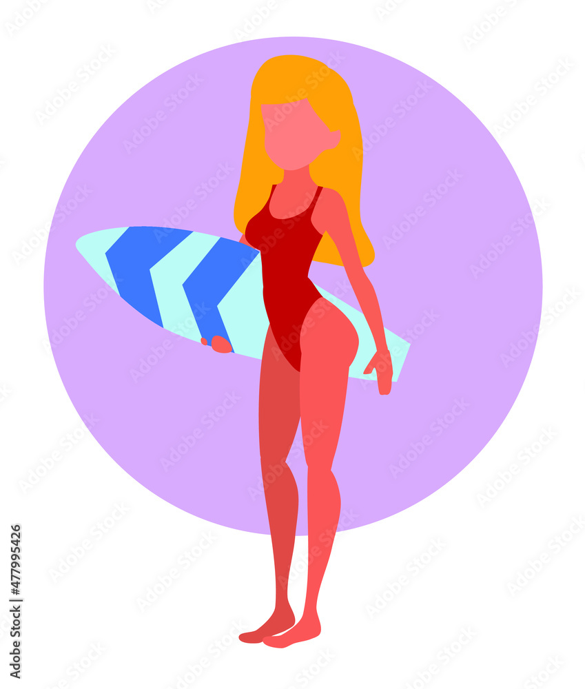 A pretty girl stands with a surfing board.
Flat illustration.