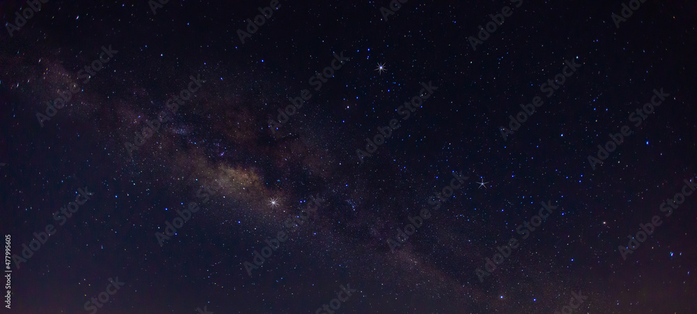 Fototapeta premium Blue night panorama, milky way sky and stars on a dark background, a universe full of stars, nebula and noisy galaxy.