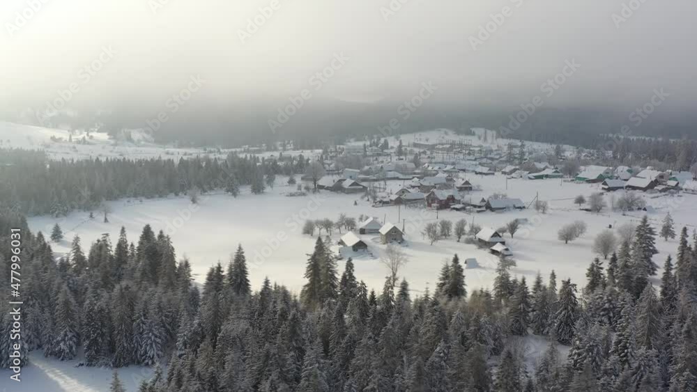 Carpathians, Ukraine, Lviv region, Syanky village, drone flight around Syanky village in winter forest, winter drone forest, winter Carpathians village and drone winter forest, snowy Carpathians, snow Carpathians, Ukraine, Lviv region, Syanky village, drone flight around Syanky village in winter forest, winter drone forest, winter Carpathians village and drone winter forest, snowy Carpathians, snow