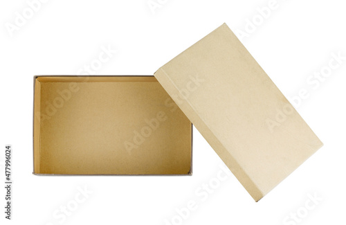Cardboard brown box or Craft package box isolated top view on white background.Online delivery service, box delivery for food delivery application.mockup empty box for logo and brand concept