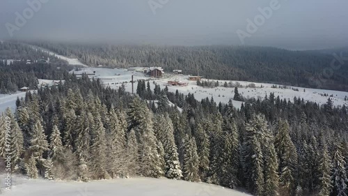 Carpathians, Ukraine, Lviv region, Syanky village, drone flight around Syanky village in winter forest, winter drone forest, winter Carpathians village and drone winter forest, snowy Carpathians, snow photo