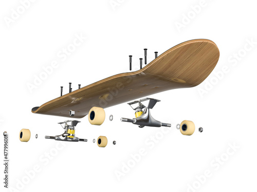 schema technique 3D skateboard éclaté  fonb blanc