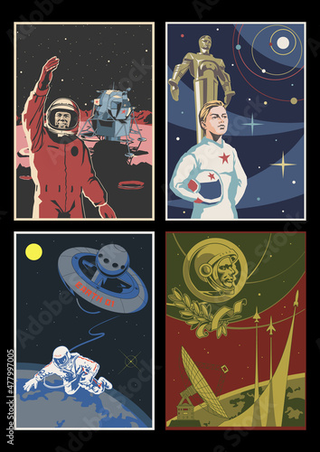 Retro Futurism Space Propaganda Posters, Astronauts, Orbital Station, Martian Landing Module, Radio Telescope
