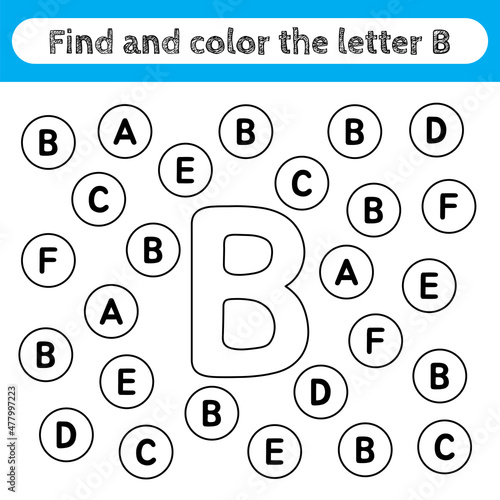 Learning worksheets for kids, find and color letters. Educational game to recognize the shape of the alphabet. Letter B.
