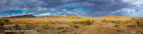 Landscape panorama of The Dutchmans Stern Conservation Park near the town of Quorn in the Flinders Ranges in South Australia with a view over hills towards Dutchmans Stern cliff 
