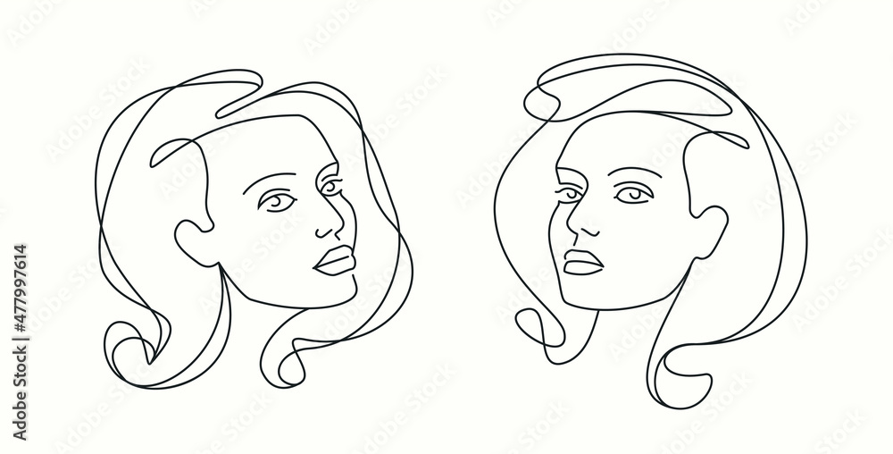 Young woman or girl portrait face. Female beauty concept in linear style