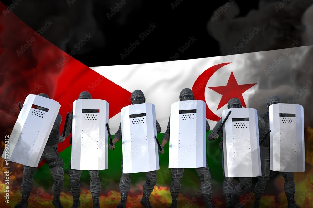 custom made wallpaper toronto digitalWestern Sahara protest fighting concept, police guards protecting order against demonstration - military 3D Illustration on flag background