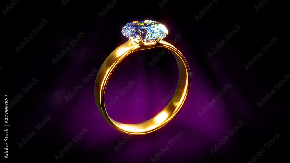 gold engagement ring with diamond on dark bright backdrop - object 3D illustration gold engagement ring with diamond on dark bright backdrop - object 3D illustration