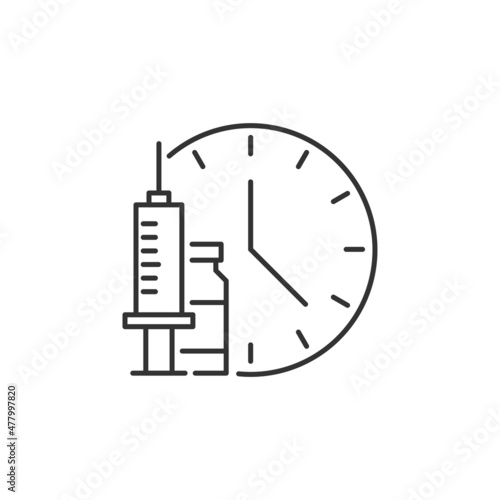 Syringe with vaccine and clock line icon. Editable stroke