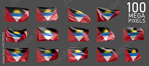 a lot of various images of Antigua and Barbuda flag isolated on grey background - 3D illustration of object