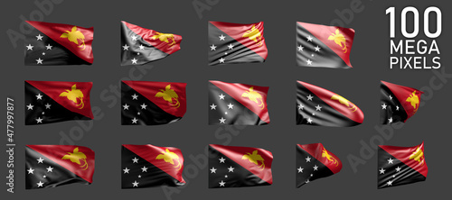 14 different images of Papua New Guinea flag isolated on grey background - 3D illustration of object