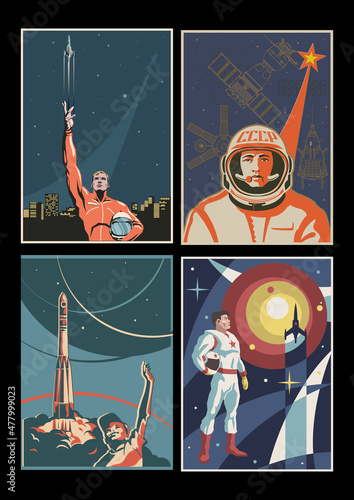 Retro Futurism Space Propaganda Posters, Astronauts, Space Rockets, Satellites