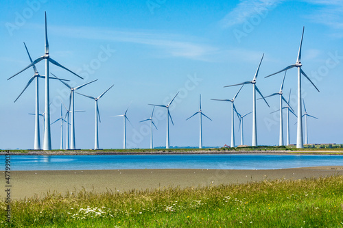 Windmills energy park in Zeeland, Netherlands, industrial landscape photo