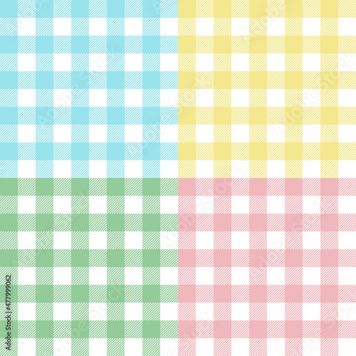 Set seamless pattern pastel gingham, vichy backgrounds in blue, pink, yellow, green, or other Easter holiday textile design.