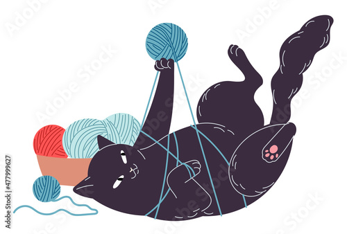 Cat got tangled in thread playing with the ball