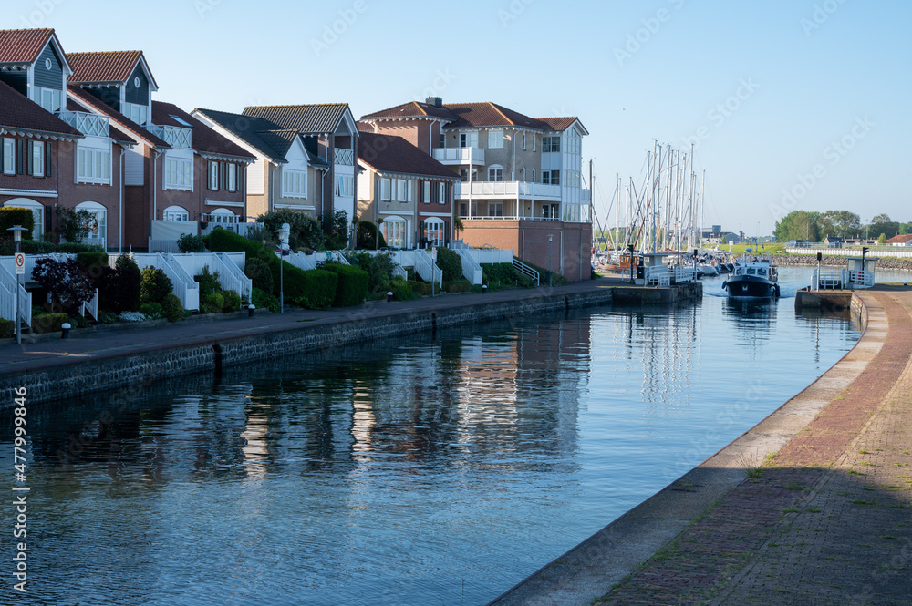 View on houses and water in Wemeldinge, Zeeland, Netherlands
