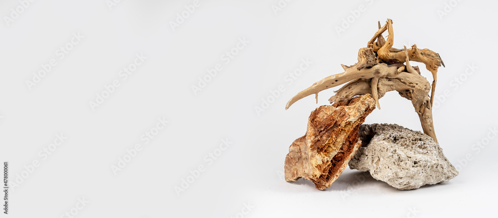 Obraz premium Stonem rocks and branch, eco organic compositiion. Banner with abstract minimal natural scene.