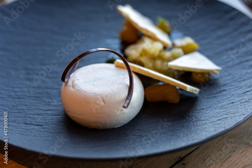 Tasty meringues with apple cream mousse and white chocolate dessert