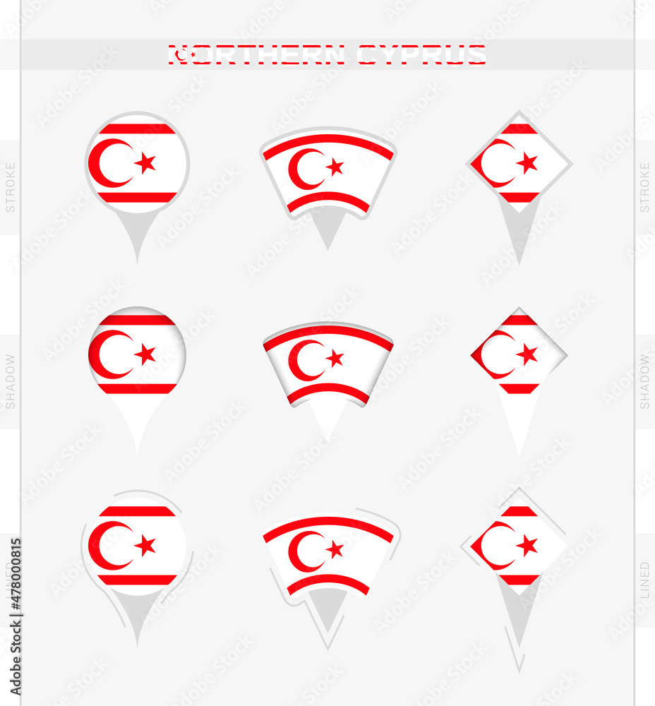 Northern Cyprus flag, set of location pin icons of Northern Cyprus flag. Northern Cyprus flag, set of location pin icons of Northern Cyprus flag.