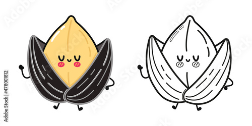 Funny cute happy sunflower characters bundle set. Vector kawaii line cartoon style illustration. Cute sunflower mascot character collection, outline cartoon illustration for coloring book