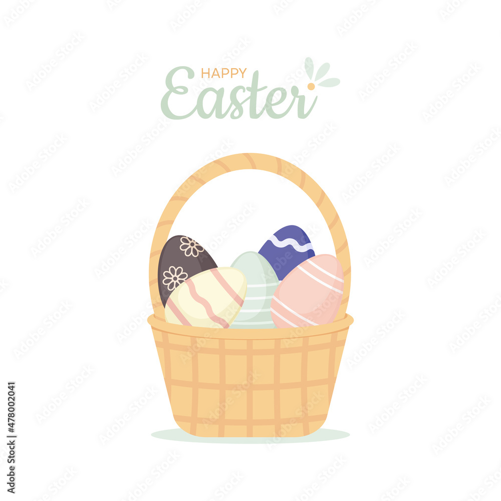 Wicker basket with colorful Easter eggs and lettering Happy Easter. Cute illustration for greeting cards, textiles, printing. Pastel colors. Copy space. Vector, cartoon style on white background Wicker basket with colorful Easter eggs and lettering Happy Easter. Cute illustration for greeting cards, textiles, printing. Pastel colors. Copy space. Vector, cartoon style on white background