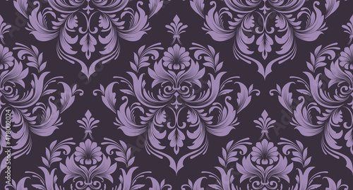 Vector seamless damask pattern with baroque elements. Ornamental repetitive design for wallpapers, blinds, curtains, upholstery, bedding, slipcover, packaging.