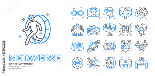 Metaverse line icon set with VR, Virtual reality, Game, Futuristic Cyber and metaverse concept more, 256x256 pixel perfect icon vector, editable stroke.	
 photo