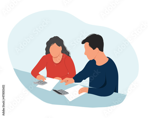 A man and a woman or a young couple using a calculator to calculate household bills at home. Registration of documents for the payment of taxes. Flat vector illustration