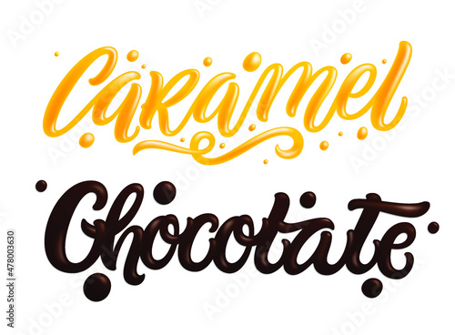 'Caramel', 'Chocolate'  hand drawn lettering quote, liquid, sweet and glossy letters isolated on white background. Vector templates for sweet food packaging design.	