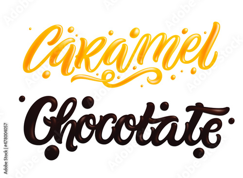  Caramel  hand drawn lettering quote  liquid  sweet and glossy letters isolated on white background. Vector templates for sweet food packaging design. 