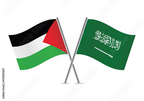 Palestine and Saudi Arabia flags. Palestinian and Saudi Arabian flags isolated on white background. Vector illustration.