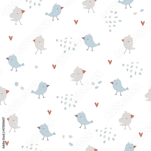 Vector seamless pattern with birds and hearts. Simple cartoon Baby background with birdies, abstract elements. Cartoon style, hand drawn childish print design. © Елизавета Хрусталева