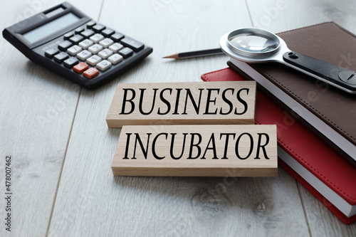 Business concept. Notebook with text BUSINESS INCUBATOR .two wooden blocks on a red notepad on a wooden table