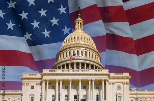 Washington DC Capitol US congress with waving american flag photo