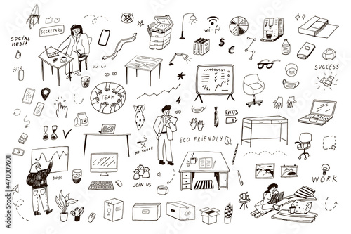 Office people and objects equipment vector illustrations set