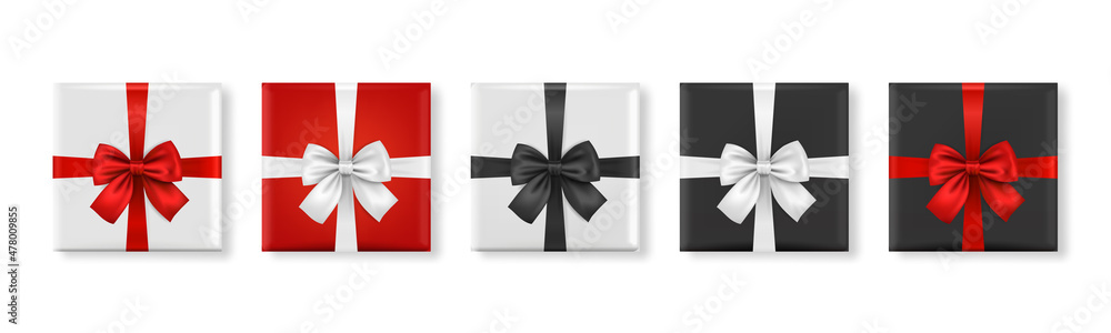 Vector 3d Realistic Paper White, Red, Black Christmas Gift Box, Bow Icon Set Isolated. New Year, Christmas, Valentine Day or Anniversary Concept. Design Template of Christmas Present Packing. Top View Vector 3d Realistic Paper White, Red, Black Christmas Gift Box, Bow Icon Set Isolated. New Year, Christmas, Valentine Day or Anniversary Concept. Design Template of Christmas Present Packing. Top View