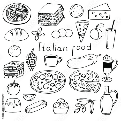 Italian food set vector illustration, hand drawing doodles
