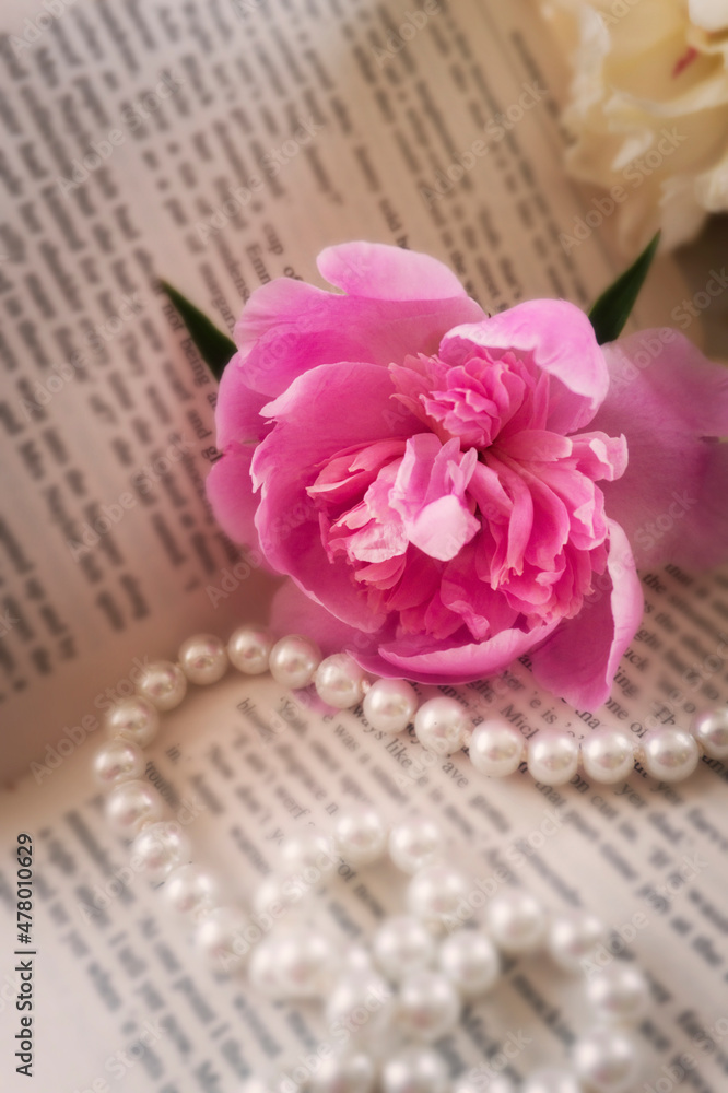 Naklejka premium Spring. Spring flowers peonies with pearls. Beautiful bright background.