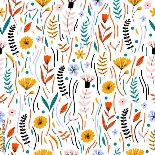 Floral seamless colorful pattern with cute flowers, branches and leaves