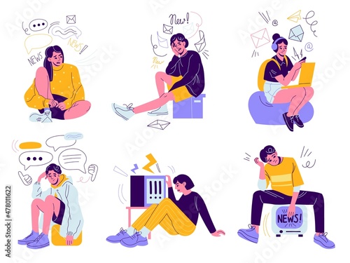Information stress people. Endless data flow, tired characters with spam icons around, bad news traffic, depressed men and women. Social media web messager pressure, vector isolated set
