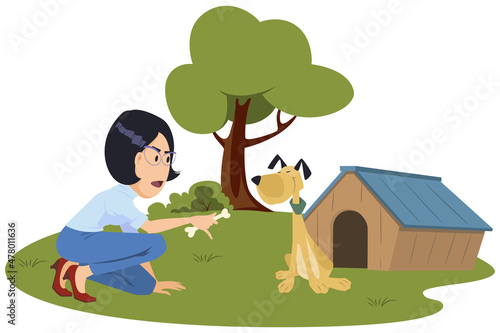 Girl feeds dog. People and animals. Illustration for internet and mobile website.
