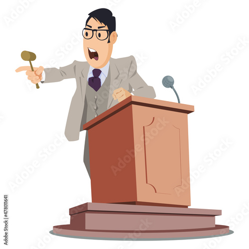 Auctioneer is on podium. Lead of trades. Illustration for internet and mobile website.