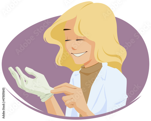Pretty girl puts on gloves. Illustration for internet and mobile website.
